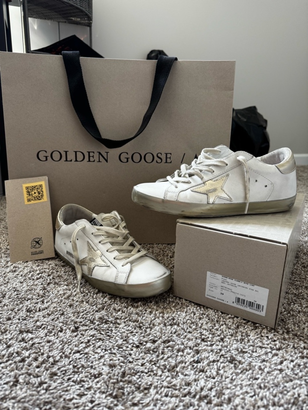 Golden Goose White Leather Sneakers with Gold Star Accents